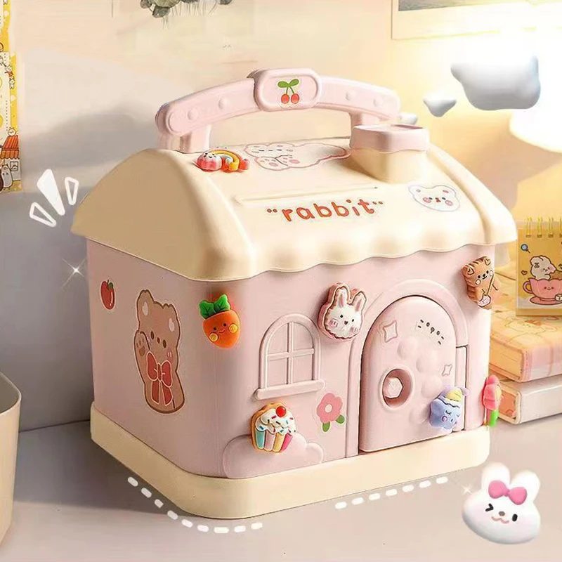 Deliciosa presente de Natal e ano novo para crianças – cofrinho fofo de casinha em desenho de desenho animado de anime com fechadura e chave.