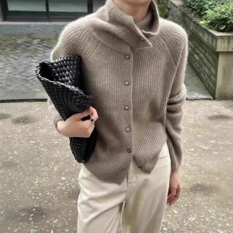 

Pure Wool Thickened Knitted Cardigan Women's Loose High Collar Sweater Outerwear Lush Life Style Casual Chic Winter Coat