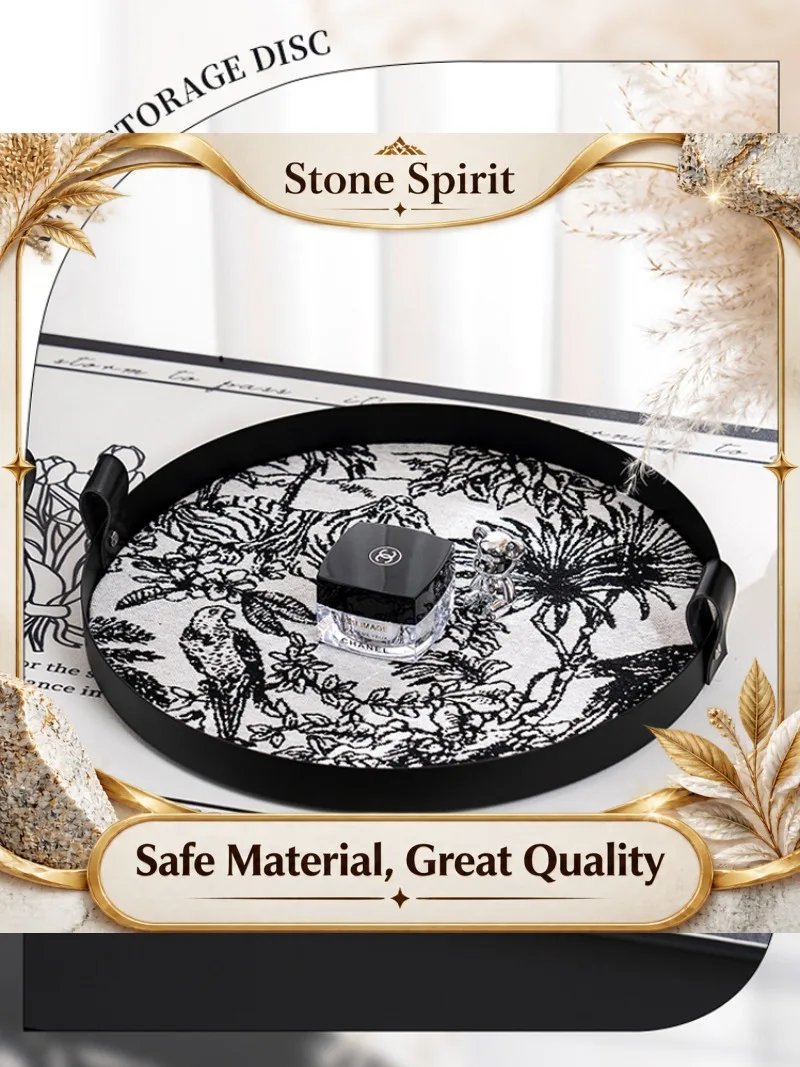 【Premium】AhunderJiaz Vintage Circular Cosmetic Storage Tray Aromatherapy Candle Display Tray with Leather Handle Home Decoration