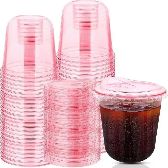 50pcs Disposable Cold Drink Cup Plastic Wine Glass Birthday Party Cocktail 12oz Pink PET Thicken U-shaped Single-use Cups