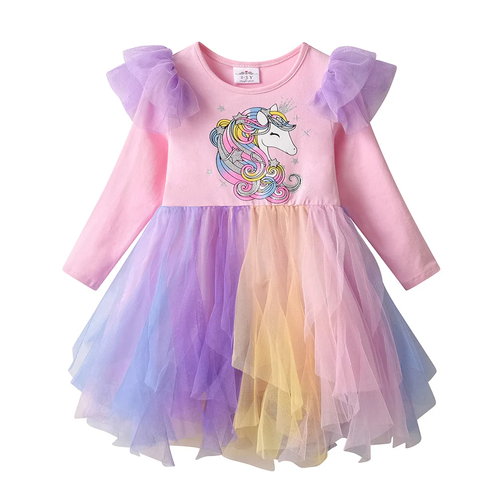 Mädchen Trompetenärmel Frühling Herbst Asymmetrisches Kleid Kinder Rosa Lila Regenbogen Farbverlauf Einhorn Party Prinzessin Tüllkleider – Detail 5