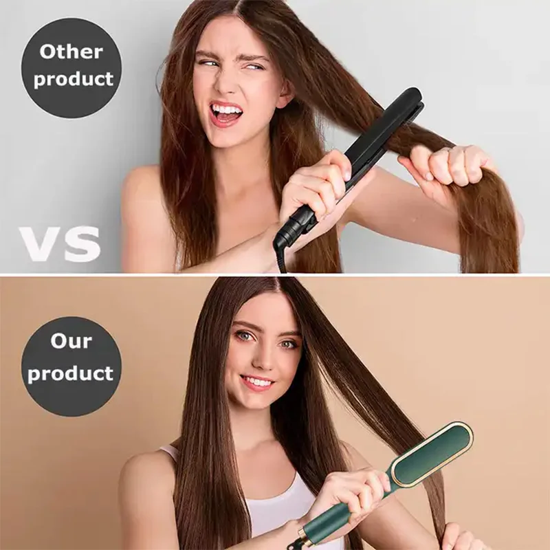 Straightening brush with quick heating feature to prevent heat damage, ideal for creating smooth and hair-free hairstyles
