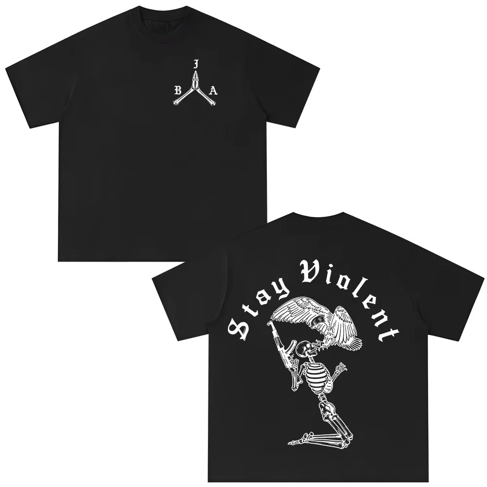 Stay Violent Brothers in Arms Skeleton Printed T-shirt Men Women Clothing Summer Casual pure Cotton Short Sleeves T Shirts