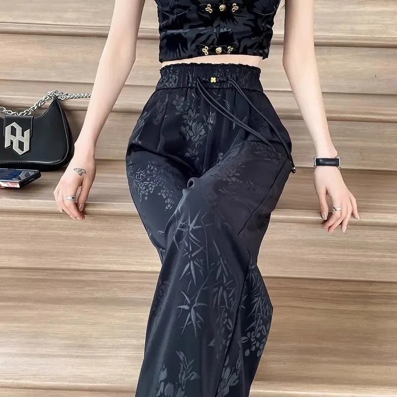 

Women's Chinese Jacquard Wide Leg Pants Black High Waist Flared Pants Wi Bamboo and Floral Jacquard Pattern Drawstring Waist