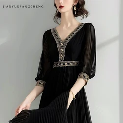 2024 Summer Elegant Vintage Black Embroidered Chiffon Dress Women's High Waist A-line V-neck Short Sleeve Party Cocktail Dresses