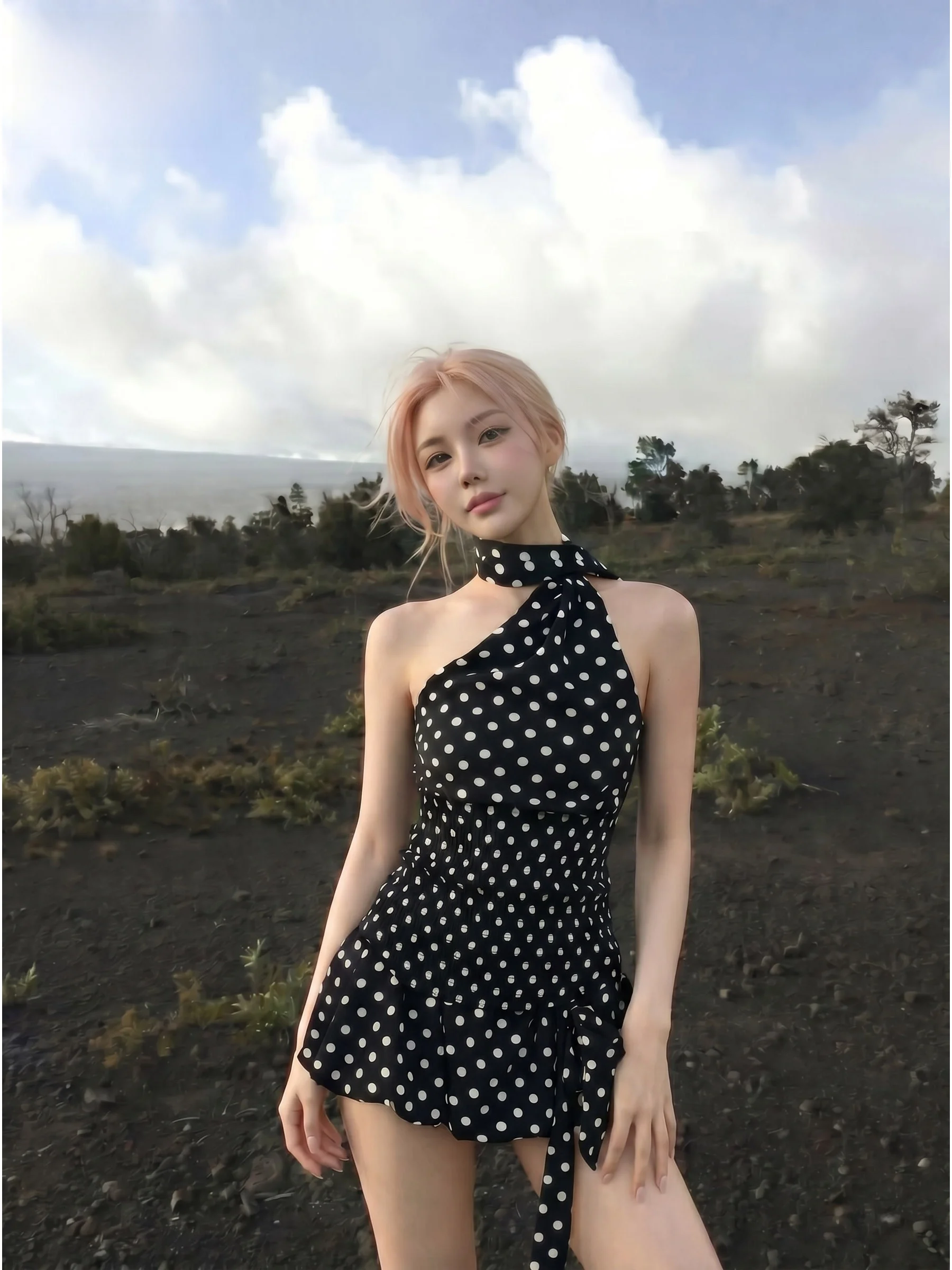 

Retro Polka Dot Halter Neck Vest Set Women's Low Waist Belted Skirt Two Piece Suit Casual Style Summer Fashion