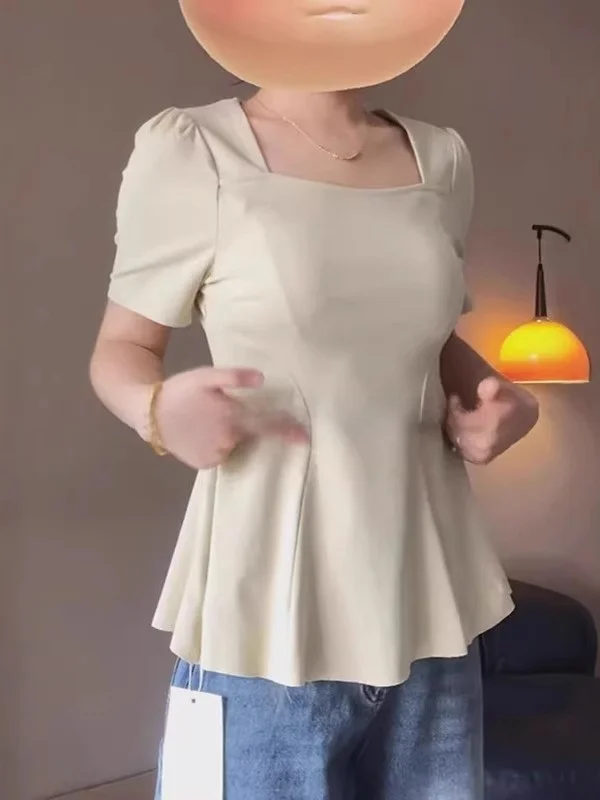 حجم كبير المرأة الصيف تي شيرت الرغبة النقية الدانتيل تنحنح ort Sve الخصر Cinching oulder عرض منتظم طول اللون الأساسي