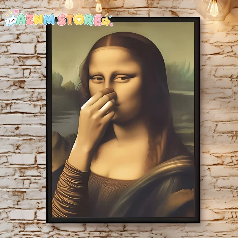 2D Flat 2027 Humorous Spoof Mona Lisa Canvas Print Poster, Art Deco Modern Wall Art for Home Office, Bathroom, Living Room, B