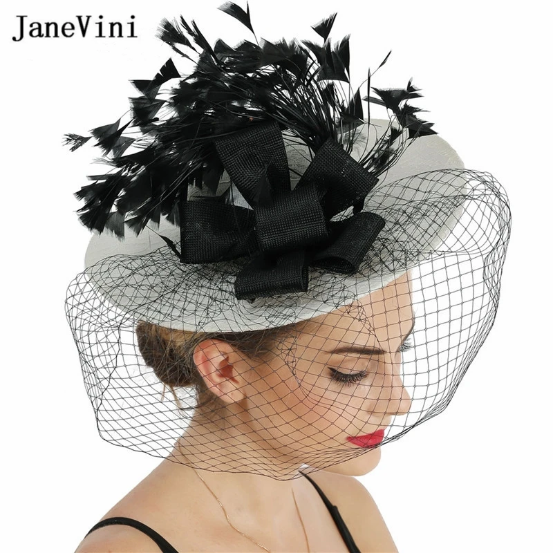 JaneVini-sombreros elegantes y grandes para mujer, velo De malla De lino para jaula De pájaros, sombrero De encaje De novia De princesa marfil, Accesorios De novia