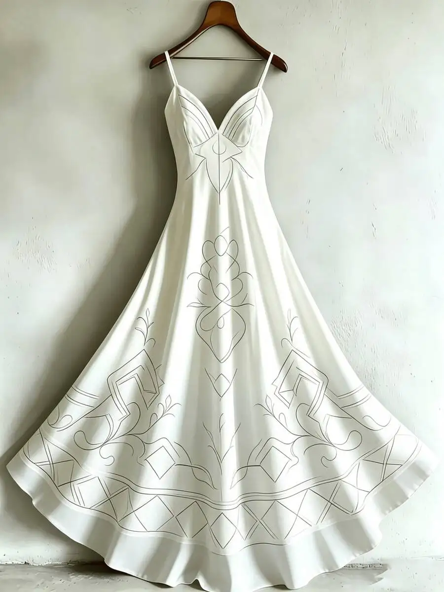 

Womens V-Neck Spaghetti Strap Maxi Dress White Vintage Geometric Line Print Flowy A-Line Vacation Dress