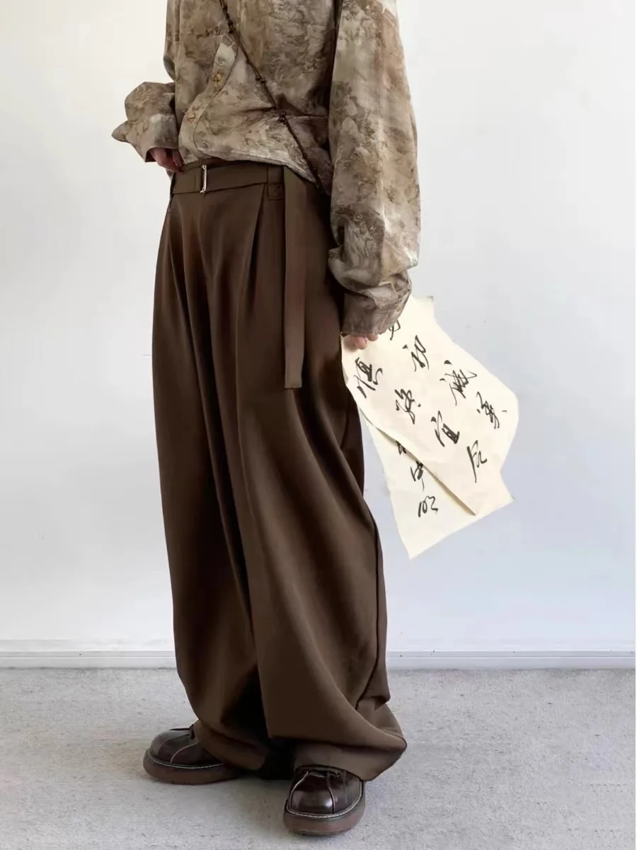 Retro Japanese Style Men's Casual Loose Pants Draping Sensation Spring Autumn Coffee Color Removable Belt Long Trousers