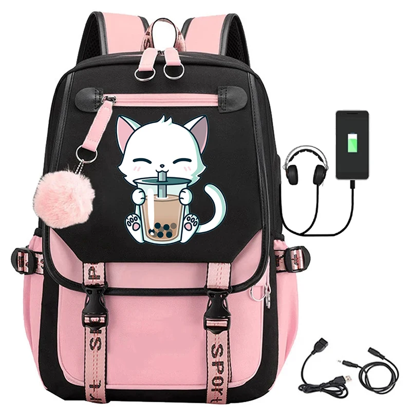 

Animals Boba Tea Print Backpacks Teenage Girls Laptop Bag Fox Panda Pattern Student Usb Charging School Bags Fashion Bookbag