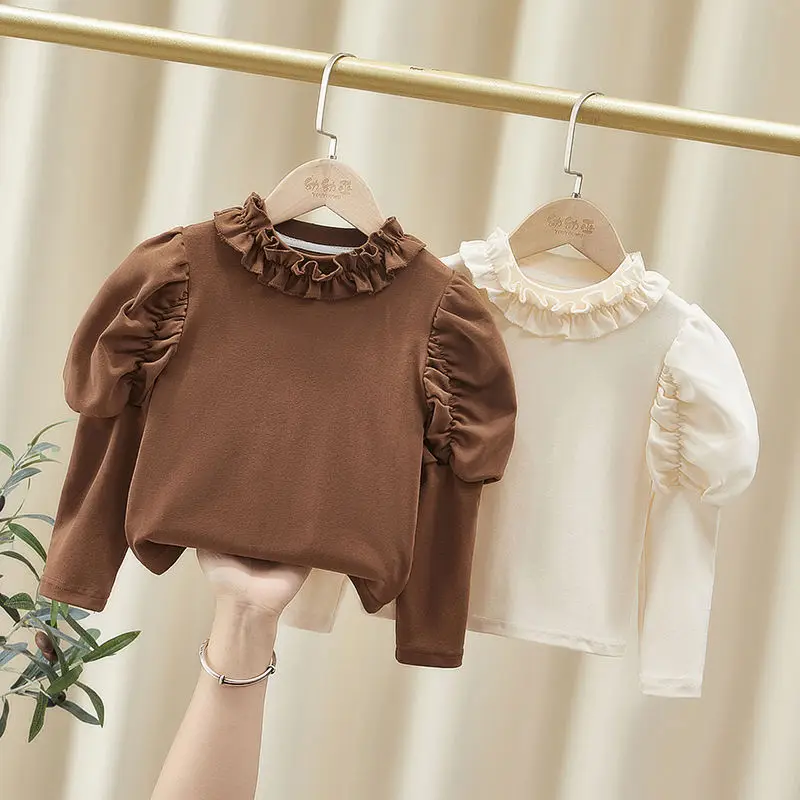 Kids Girls Cute Ruffle Tops Turtleneck Tops 2024 New Arrival Children Casual T-shirts Beige Coffee Thin Undershirts Korean Style