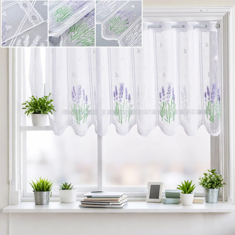 

Delicate Floral Print Voile Curtain Short Curtain with Lace Trim for Window Cabinet Wardrobe Home Kitchen Wedding Decoration