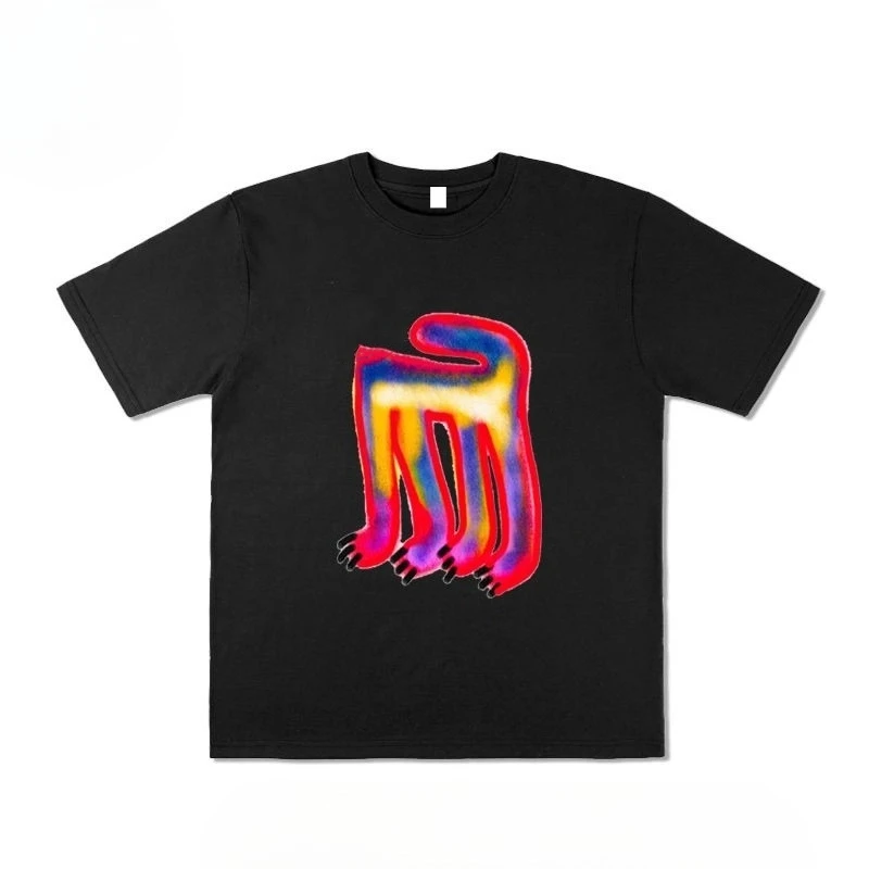 

Men's European and American 100% pure cotton short-sleeved T-shirt: Abstract headless kitten pattern print, trendy loose top