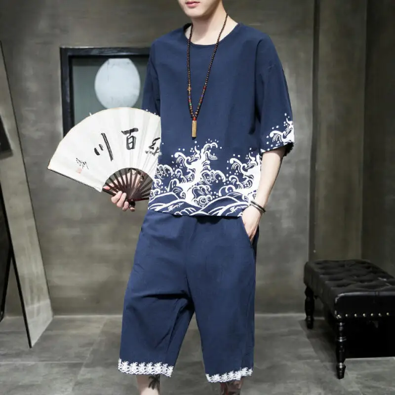

2026 Men Retro Chinese Style Sets Fashion Wave Print Short Sleeve T-Shirt Casual Capri Pants 2Pcs Summer New Plus Size 5Xl