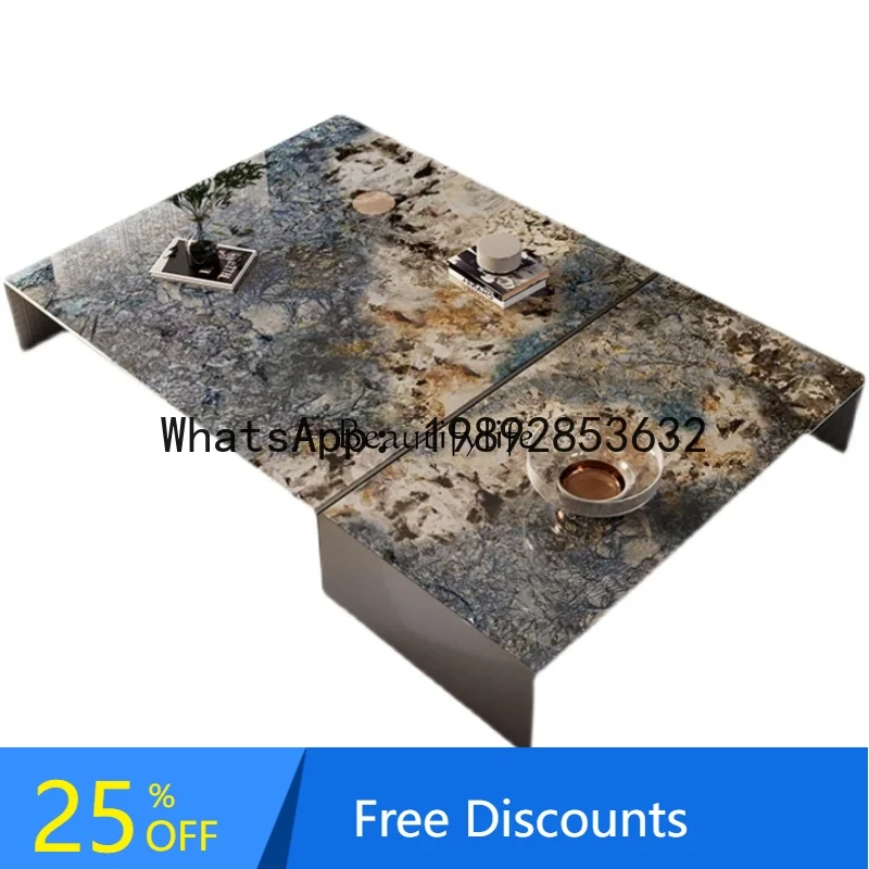 

HH Italian minimalist luxury stone rock slab coffee table rectangular stainless steel household large apartment
