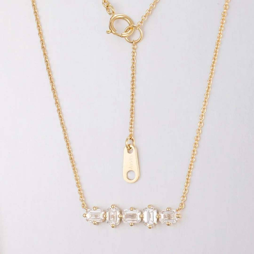 14K Solid Gold Lab Grown Diamond Necklace Emerald Cut 5 Stone Station Bar Necklace Dainty Fine Jewelry for Women Gift