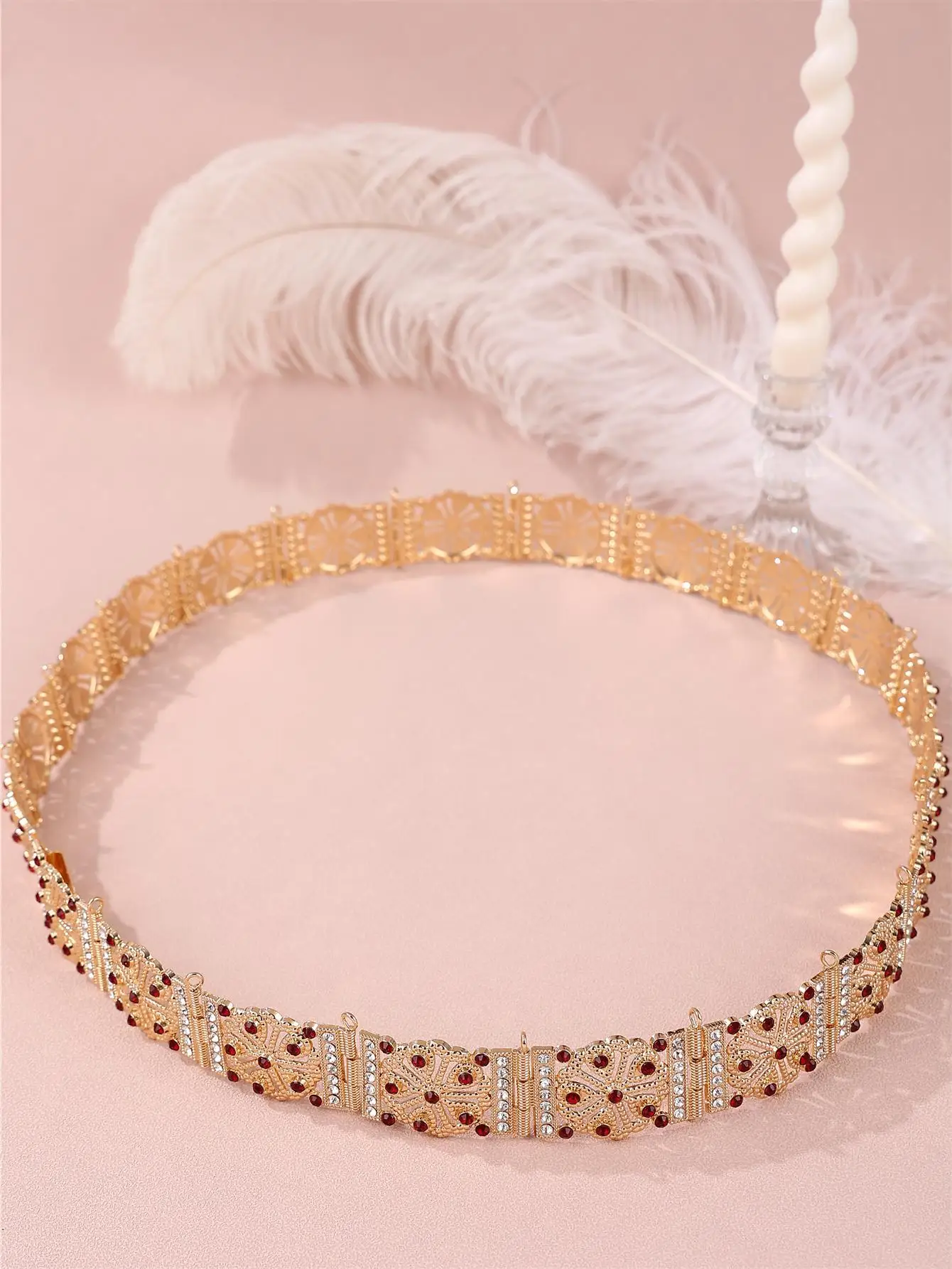 Luxurious Rhinestone alloy metal belt with detachable and adjustable accessories, worn by the bride