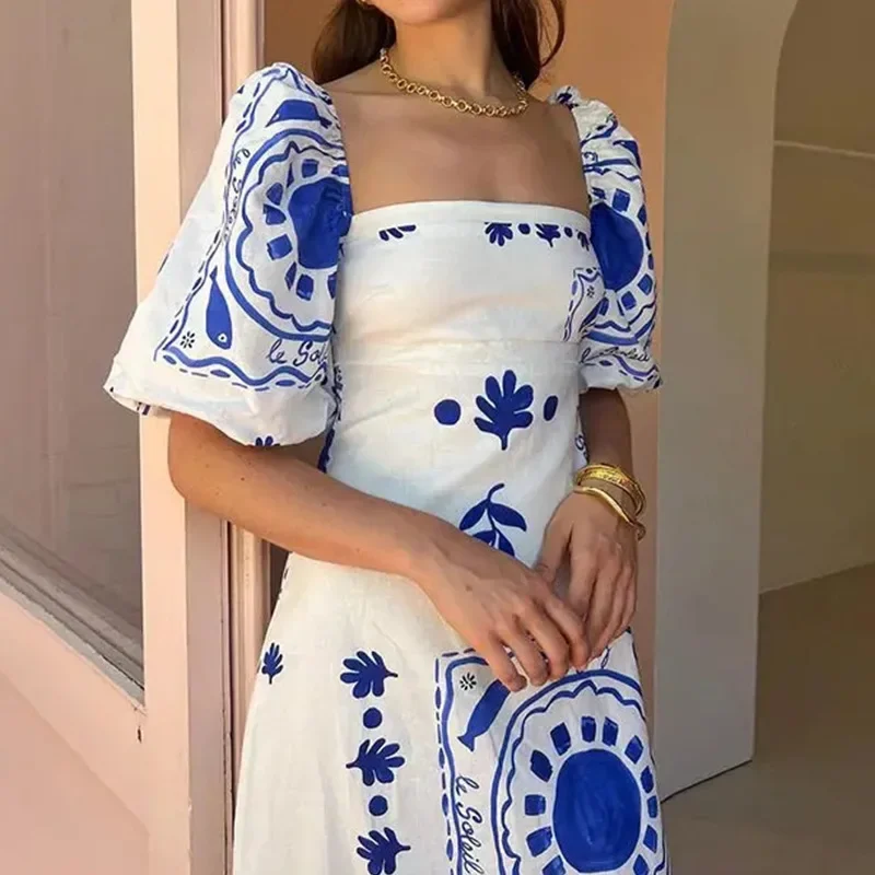 

Summer New European and American Women's Fashion Printed Lantern Short Sleeve A-line Large Swing European and American Dress