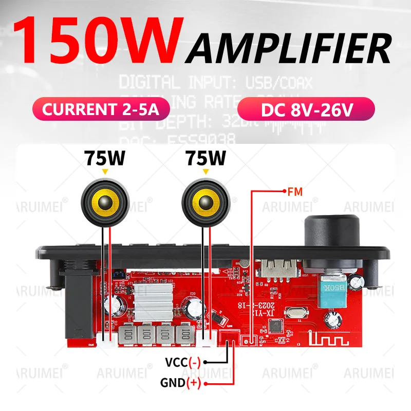 ARuiMei 150W Bluetooth Amplifier Board, 2×75W Stereo Audio Amp with Mic Input, USB/TF/FM/AUX, Remote Control, DC8-26V for Car Ho
