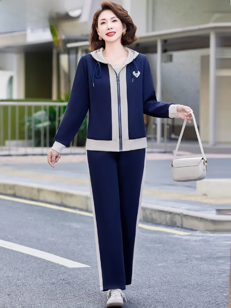 

Spring Casual Sports Women's Two-Piece Set Middle-Aged Mom Wide-Sve Top Long-Pant Bot Comfortable Polyester Blend