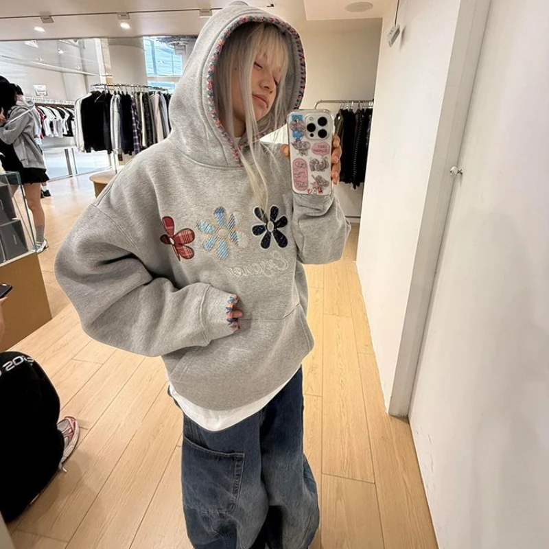 

Deeptown Vintage Gray Hoodies Women Harajuku Preppy Style Casual Hooded Sweatshirts Y2k Korean Retro Autumn Winter Loose Hoodies