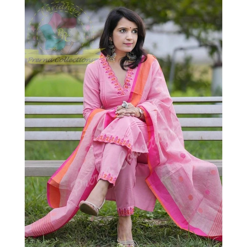 

Cotton Fabric Straight Pink Salwar Suit Partywear Kurti Pant & Dupatta Dress Set