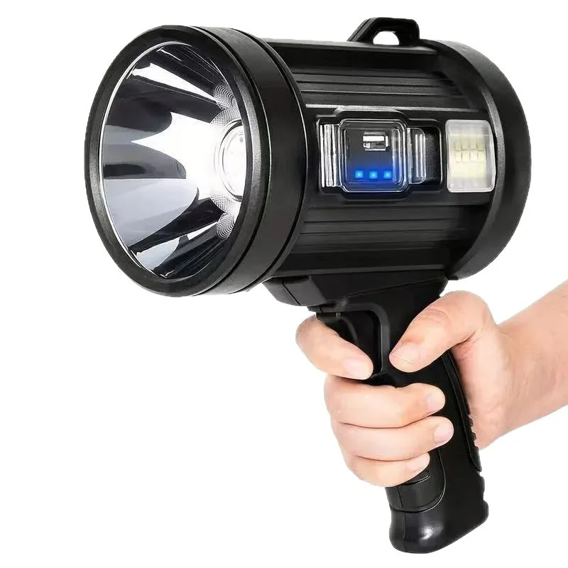 High Power Bright Long Range Flashlight Type C Rechargeable Solar Powered Side Red Blue Strobe Protective Outdoor Searchlight