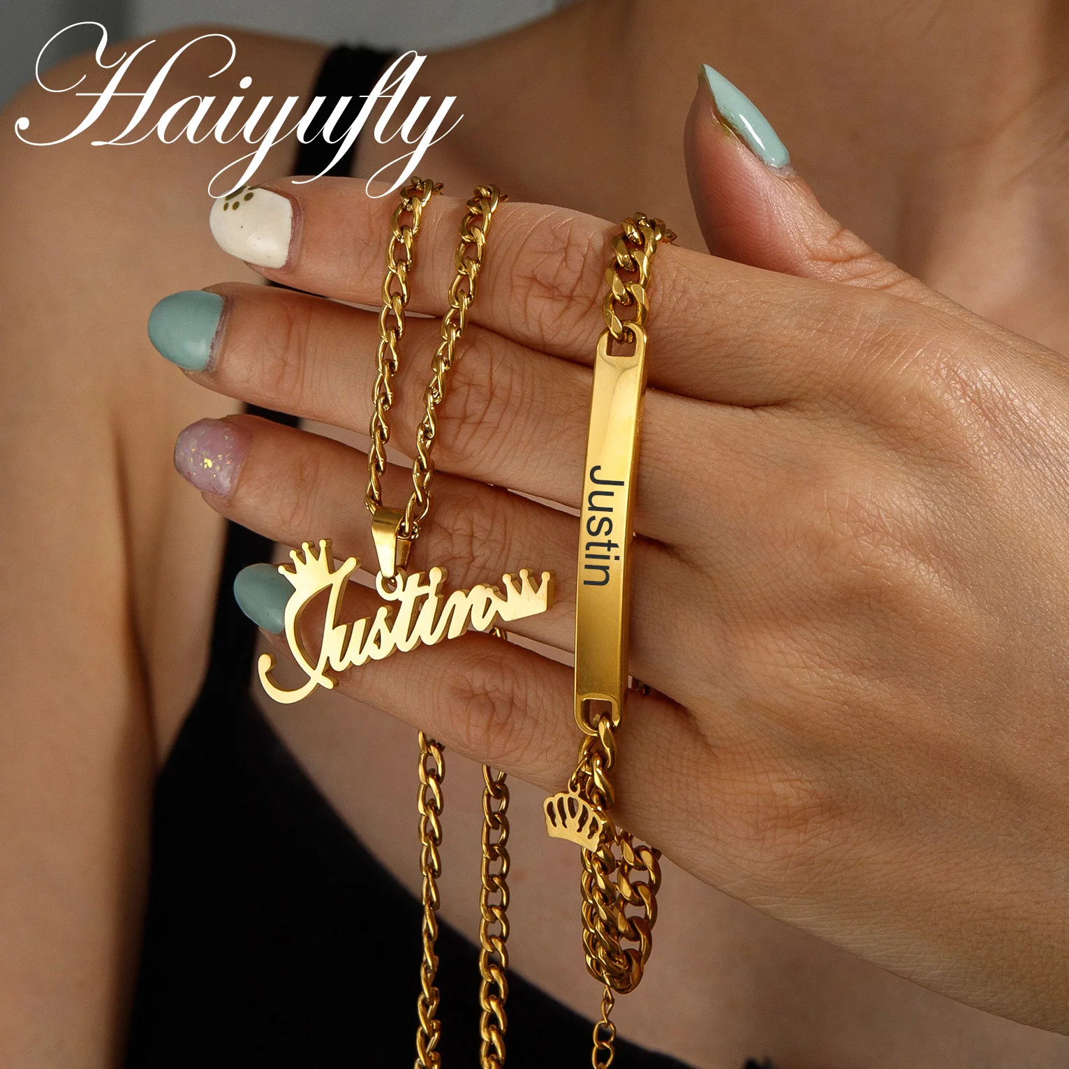 

Haiyufly Custom Name Necklace Bracelet Jewelry Set for Women Stainless Steel Personalized Crown Heart Choker Chain Birthday Gift