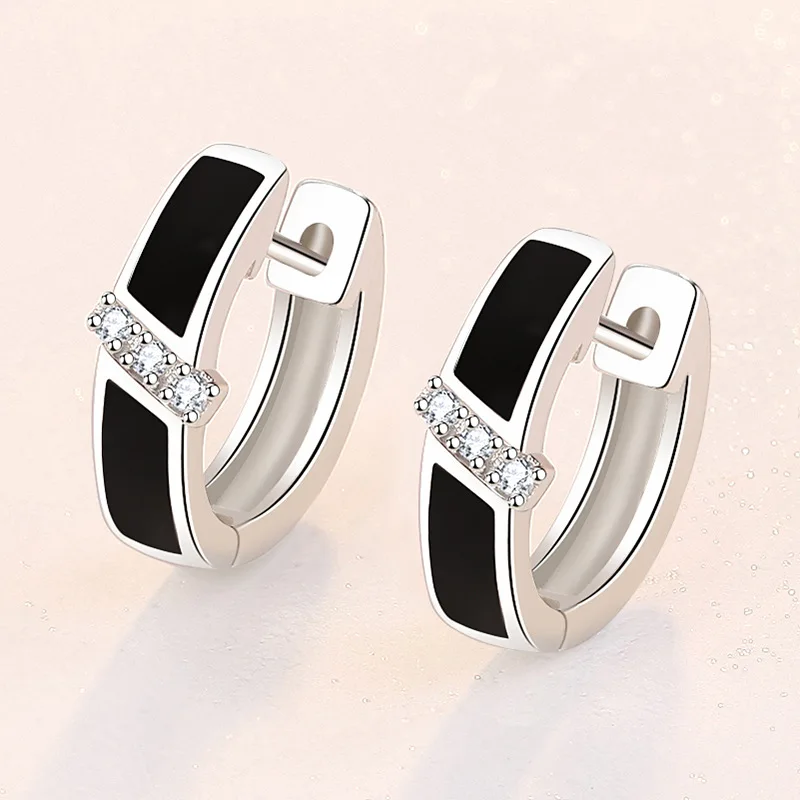 

925 Sterling Silver Vintage Black Enamel Crystal Hoop Earrings For Women Girls Wedding Engagement Fashion Jewelry