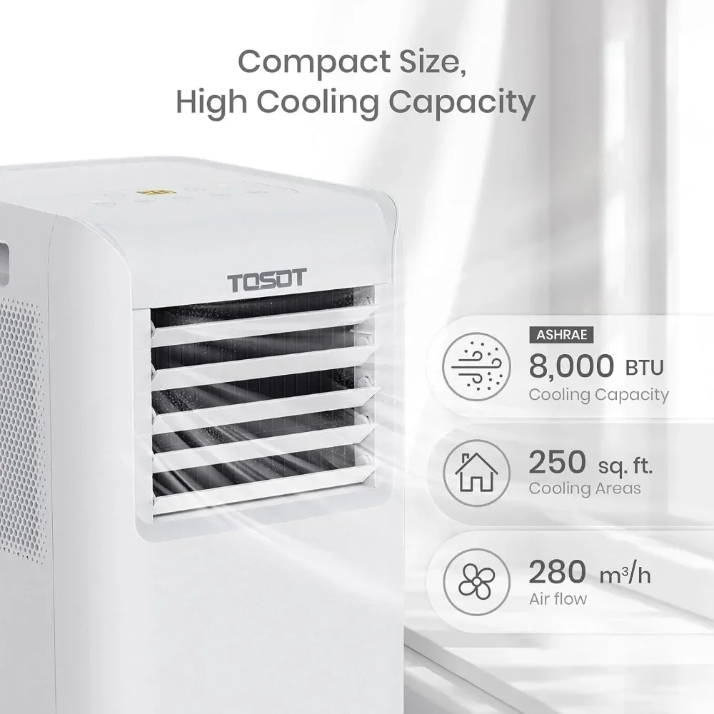 Aire acondicionado de 9,000 BTU más fácil de instalar, CA portátil silenciosa y 3 en 1, deshumidificador, ventilador para habitaciones de hasta 250 pies cuadrados,