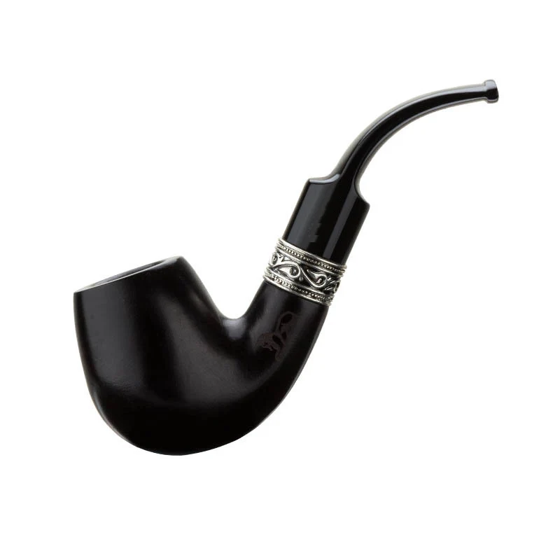 Black Ebony Wood 9mm Flue Filter Tobacco Pipe Men Bent Type Retro Carving Silver Ring Handmade Smoking Pipe Gift Pipe Accessory