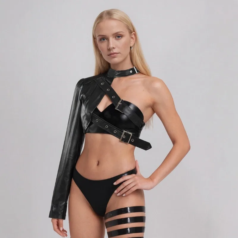 

2026 Black Punk Single Shoulder PU Leather Jacket Rock Dance Versatile Irregular European and American Style Top