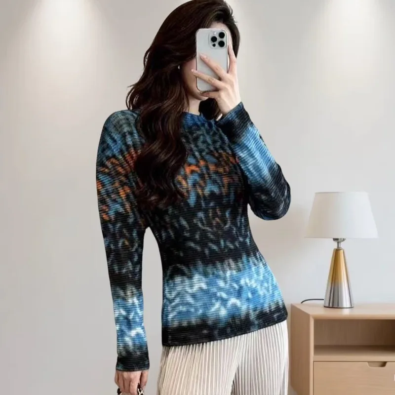 

Женская плиссированная футболка с длинными рукавами Miyake, осень-зима 2021, новая блузка с принтом, свободное тонкое эластичное пальто, нижняя рубашка