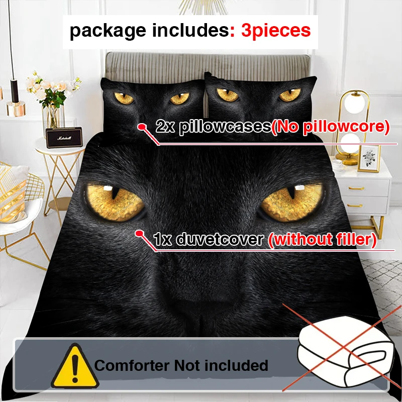 3pcs Cat Face Bedding Set Animal Print Black Cat Duvet Cover Soft Cozy Quilt Cover with 2 Pillowcases Twin Full Queen King Size