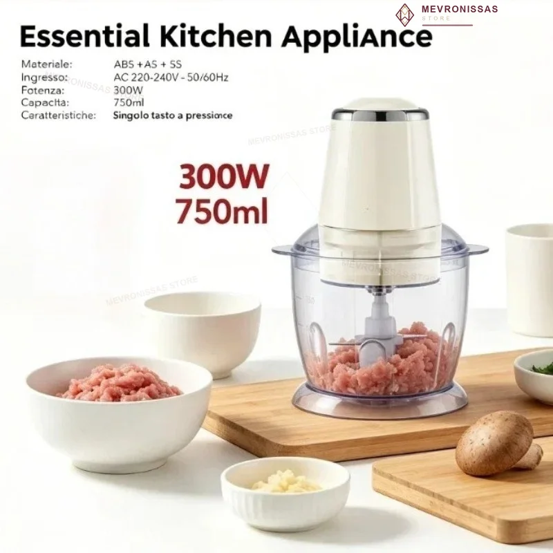 Set Tritatutto: Mini Tritatutto Elettrico per Aglio e Carne da 30W/180W/300W, Alimentazione USB-C/AC