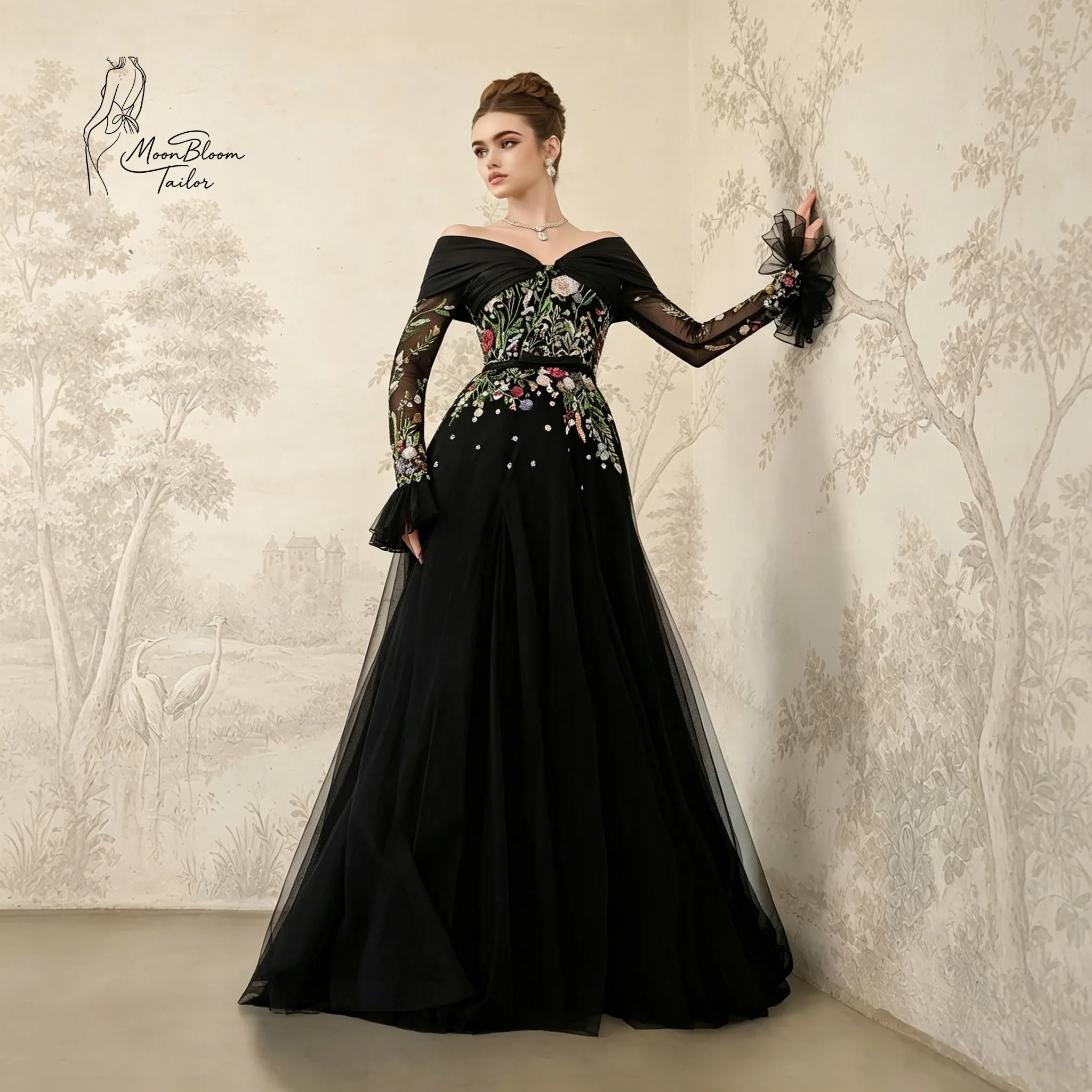 MoonBloom Tailor Black Off-Shoulder Floral Sequin Embroidered Tulle Ball Gown | Custom Evening/Prom/Wedding Guest Dress
