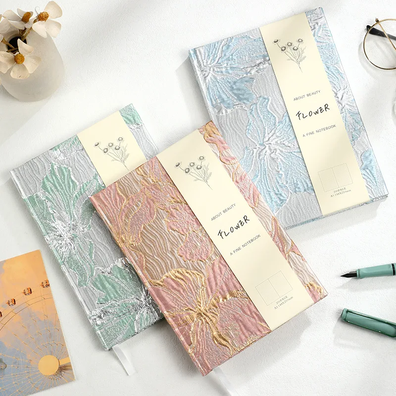 A5 Hardcover Notebook Embossed Golden Thread Lily Jacquard Fabric Cover Lined Pages Elegant Flower Journal Student Writing Diary