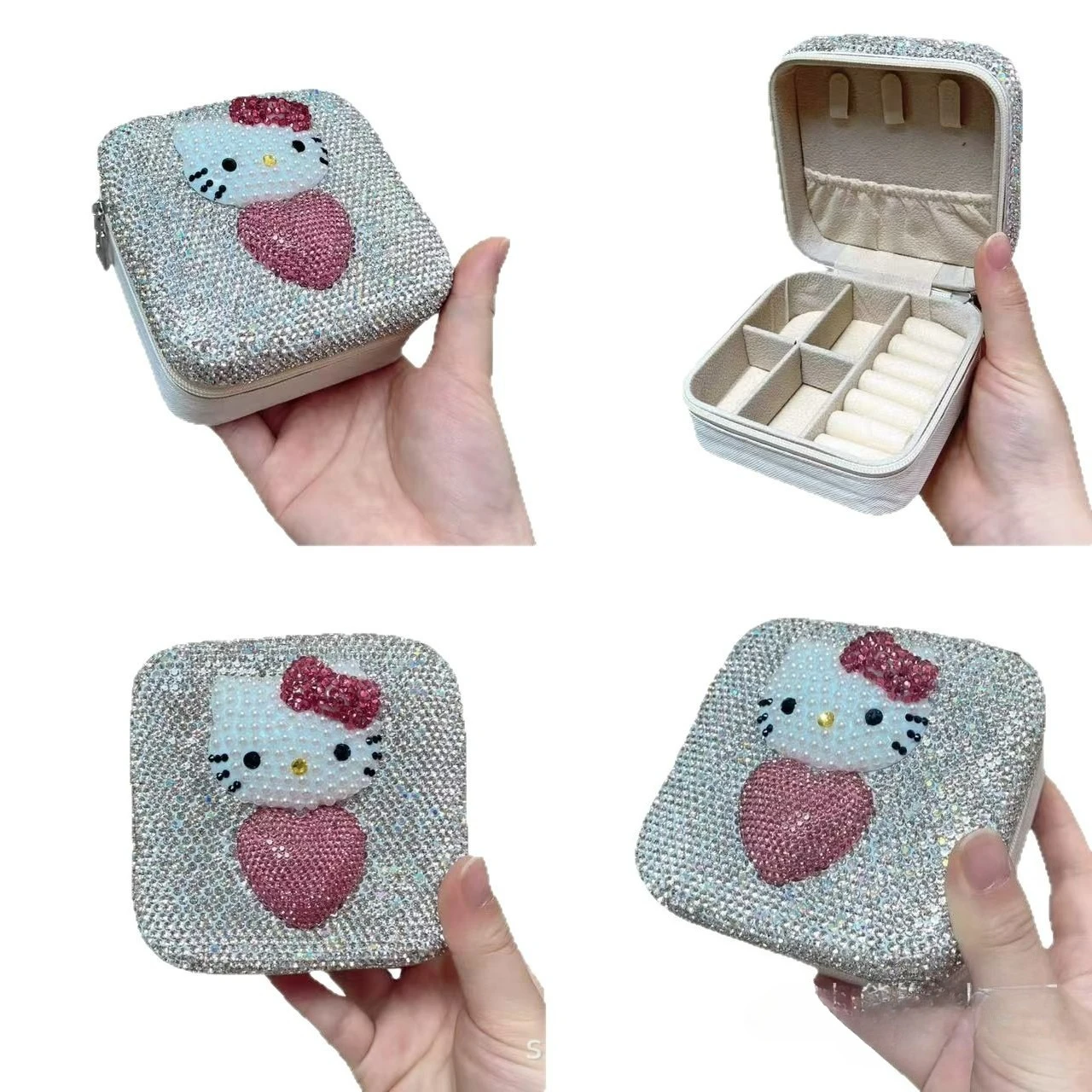 

Hello Kitty Jewelry Box Flip Sequins Embroidery Cloth Color Changing Bead Patch Sticker Cartoon Animal Bling Case For Women Girl