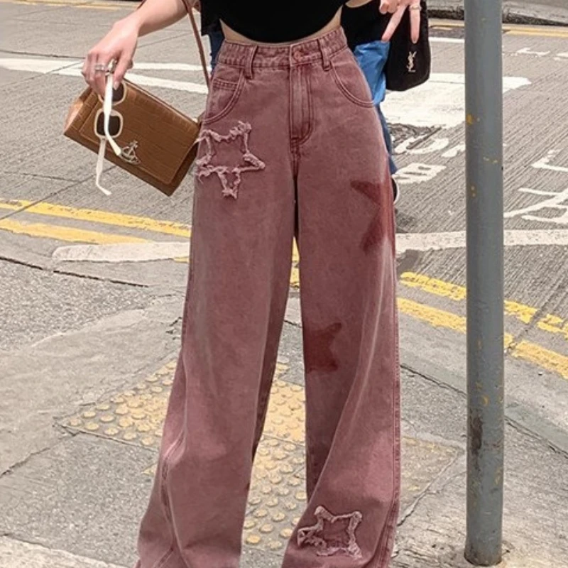 

Jeans for Women Retro High-waist Star Patch Wide-leg Pants Trendy