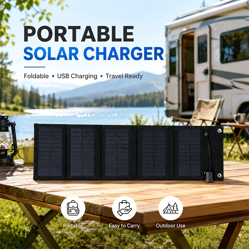 New 5-Fold Portable Folding Bag with USB Extension Cable, Portable Carrying Case with Carabiner Clip, Equipped with USB Charging
