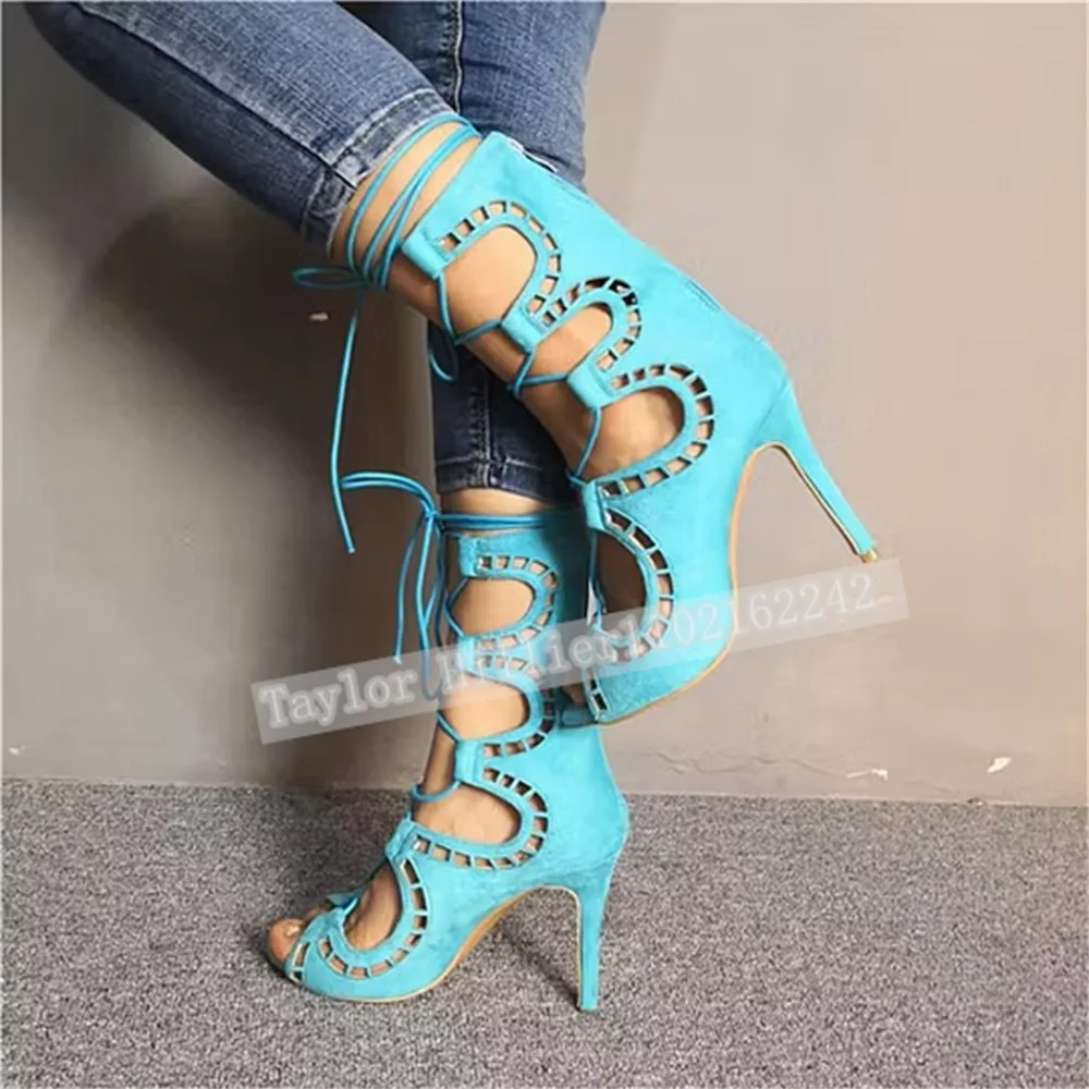 Blue Open-Toe Criss-Cross Strap Sandals Women'S Peep-Toe Stiletto Heels T-Stage Show Back Zip Sandals Boots Zapatos Mujer 46 - view 5