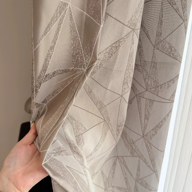 New Customized Coffee Colored Polygon Jacquard Thickened Curtains for Living Room Bedroom French Window Finished Products