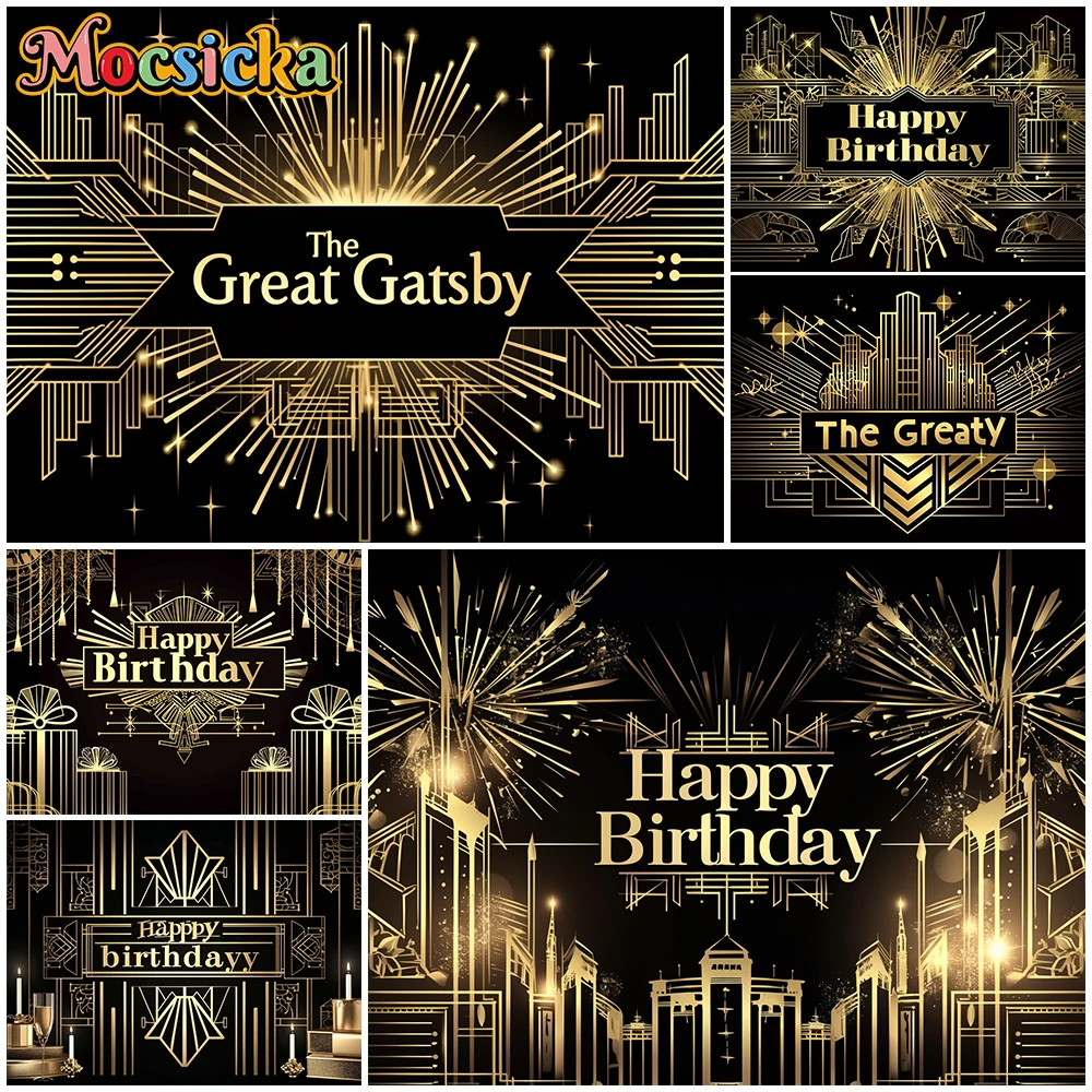 

Mocsicka Great Gatsby Backdrop Baby Shower Happy Birthday Background Photography Props Black Gold Geometric Patterns Party Decor