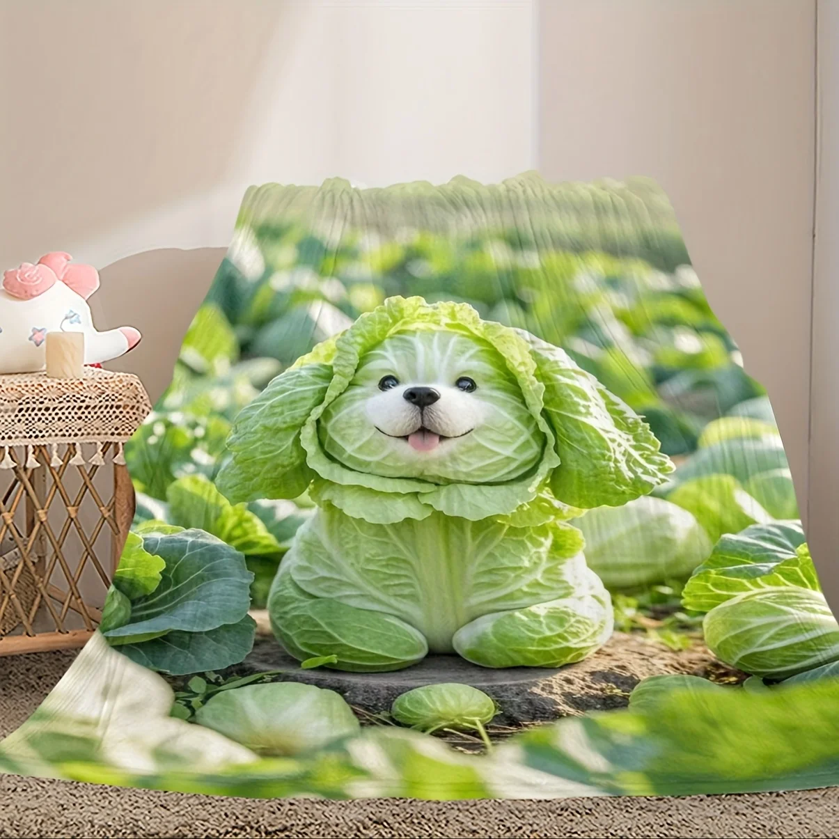 Cozy Cabbage Dog Fleece Blanket – Green Flannel Throw with Adorable Vegetable Design, Perfect Gift for Dog Lovers