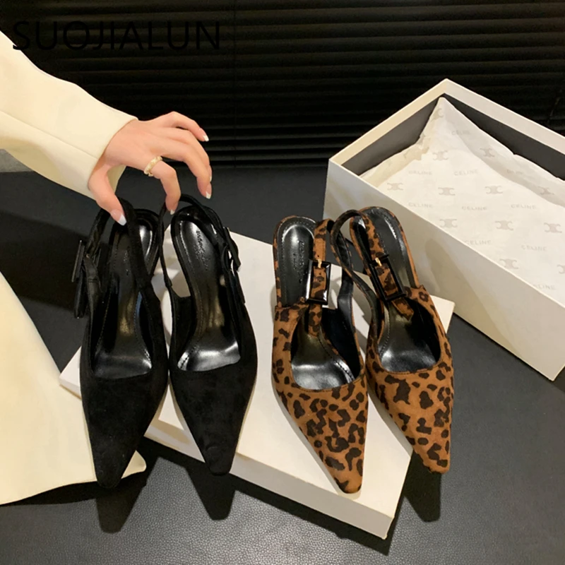 SUOJIALUN Spring New Brand Women Sandal Fashion Pointed Toe Shallow Ladies Elegant Slingback Shoes Thin High Heel Dress Pumps Sh