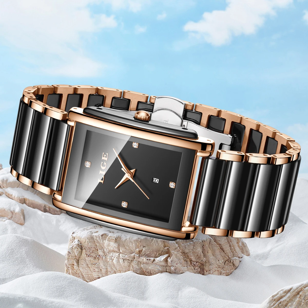 LIGE Elegant Quartz Watches for Woman Fashion Luxury Simple Square Casual Ceramic Calendar Ladies Clock Gift Reloj Mujer+Box New