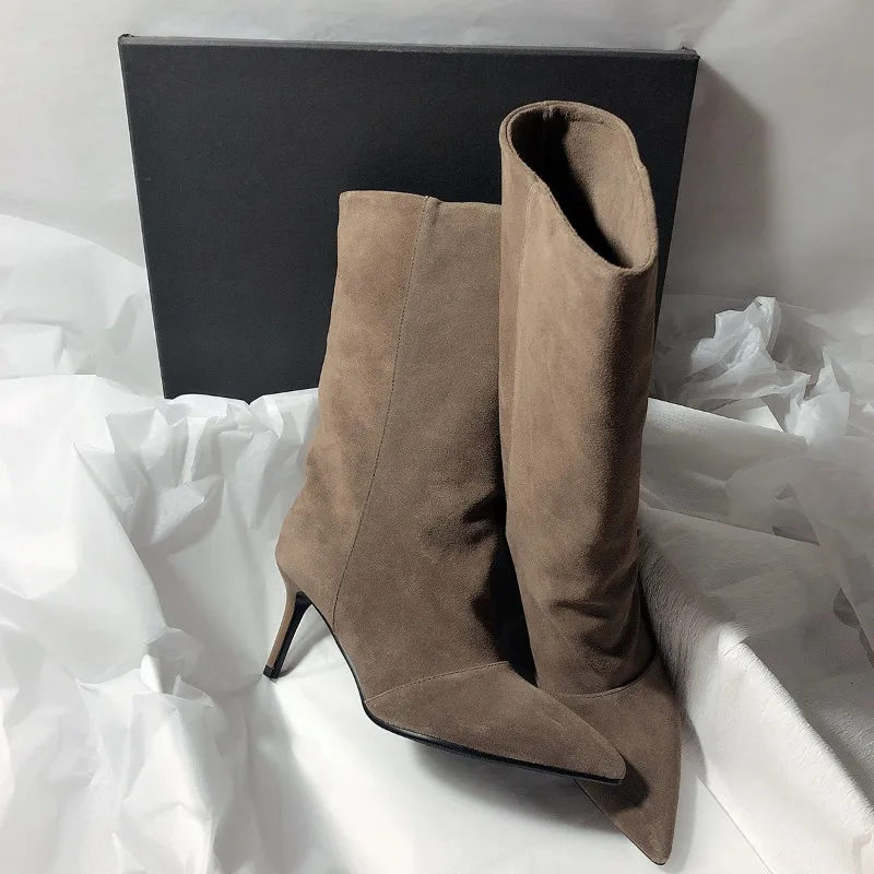 

Women's Suede Stiletto Boots European and American Pointed Wedding Shoes Elegant Slip-on Banquet Work High Heels Plus Size