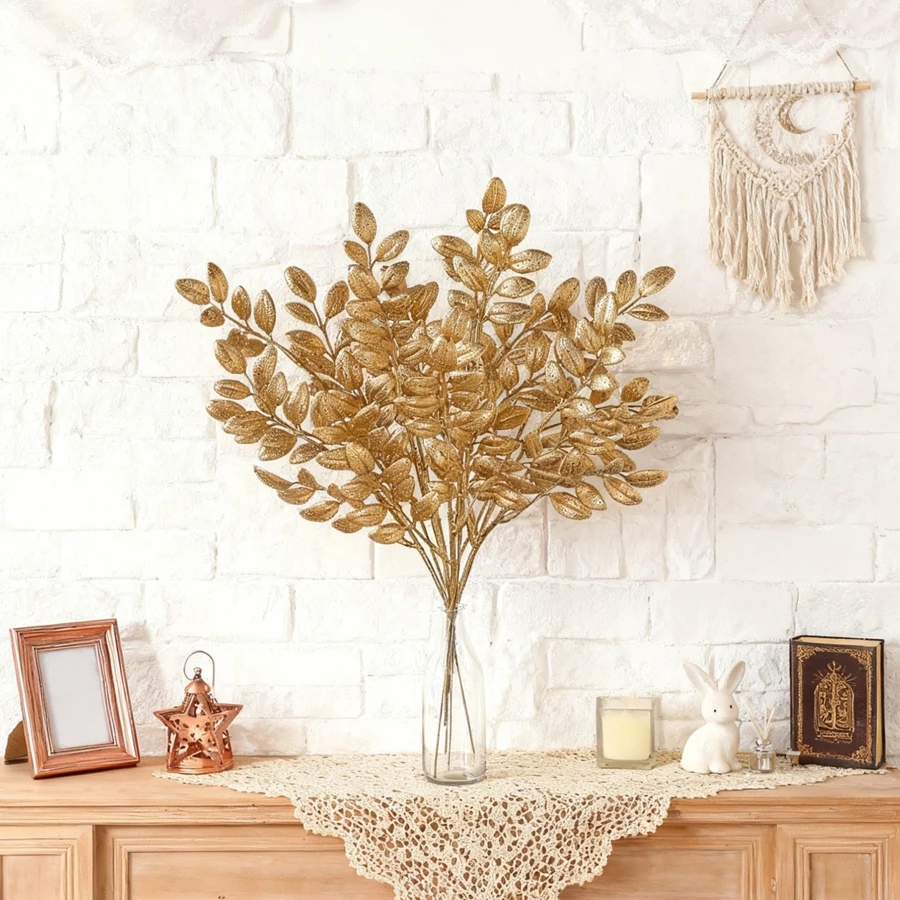10 قطعة نبات اصطناعي أوراق ذهبية السنة الجديدة عيد الميلاد ديكور غرفة المنزل في الهواء الطلق الزفاف حديقة إكليل إكليل لتقوم بها بنفسك صندوق هدايا رخيصة #5